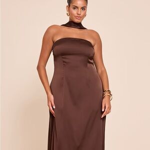 CHOCOLATE BROWN SATIN BANDEAU SCARF DETAIL MAXI DRESS